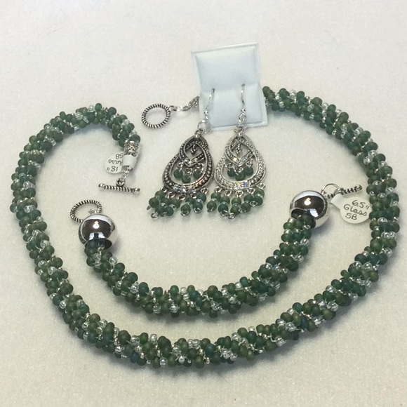 FINAL SALE PRICE Original Design Hand Woven Jewelry Set in Teal/Grn - Picture 1 of 5